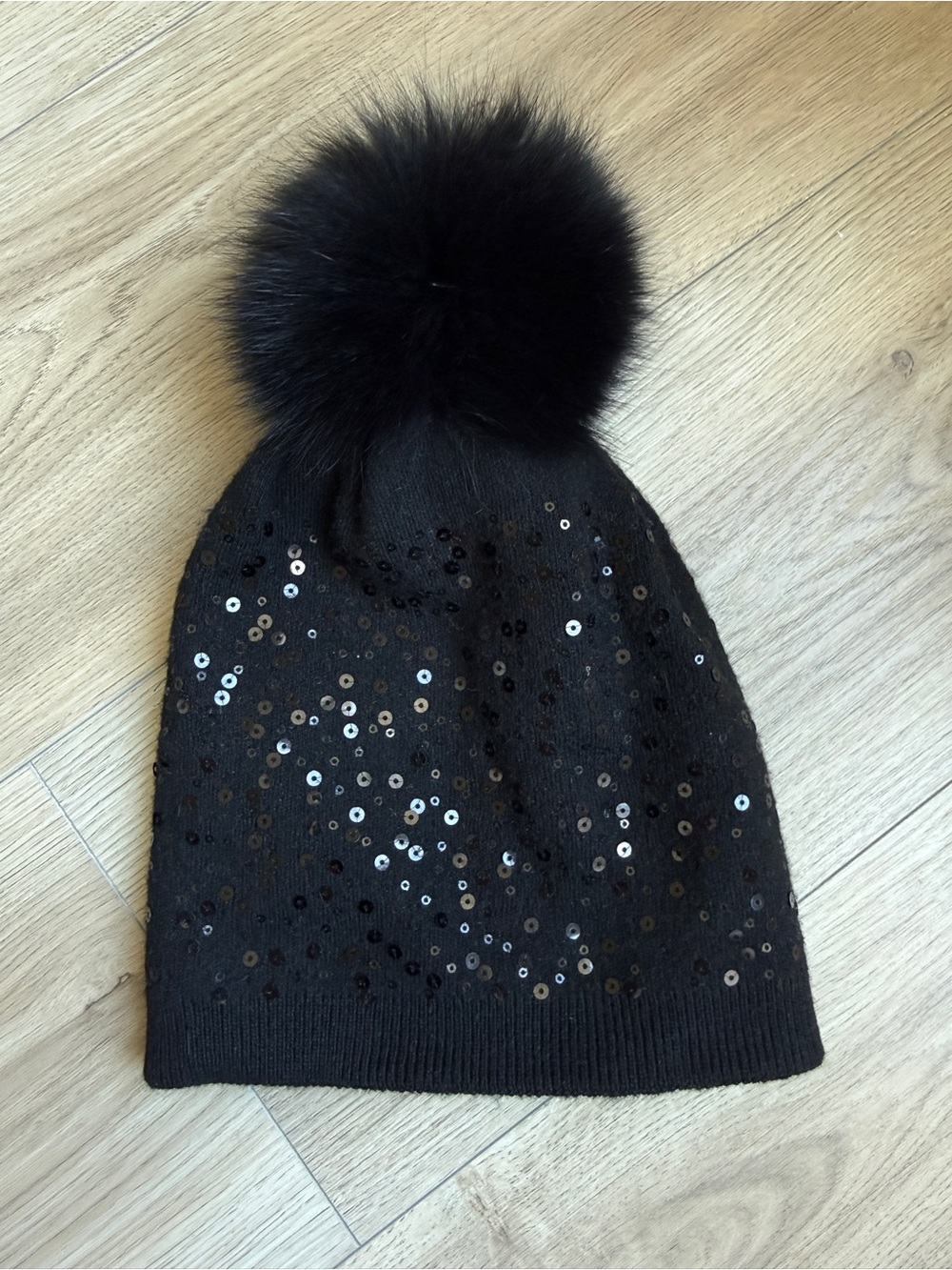 Adrienne Landau Black Sequin Winter Beanie Hat with Genuine Fox Fur Pom